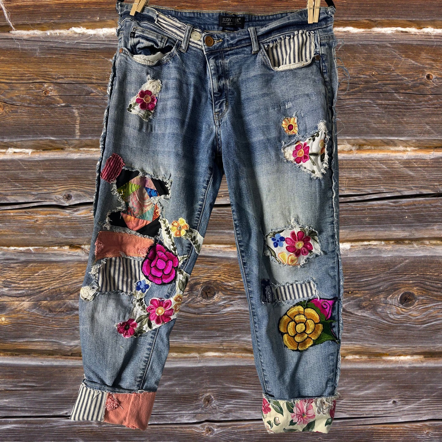 Flower Power-Hippie Boho Upcycled Patchwork Grunge Distressed Denim Boyfriend Jeans