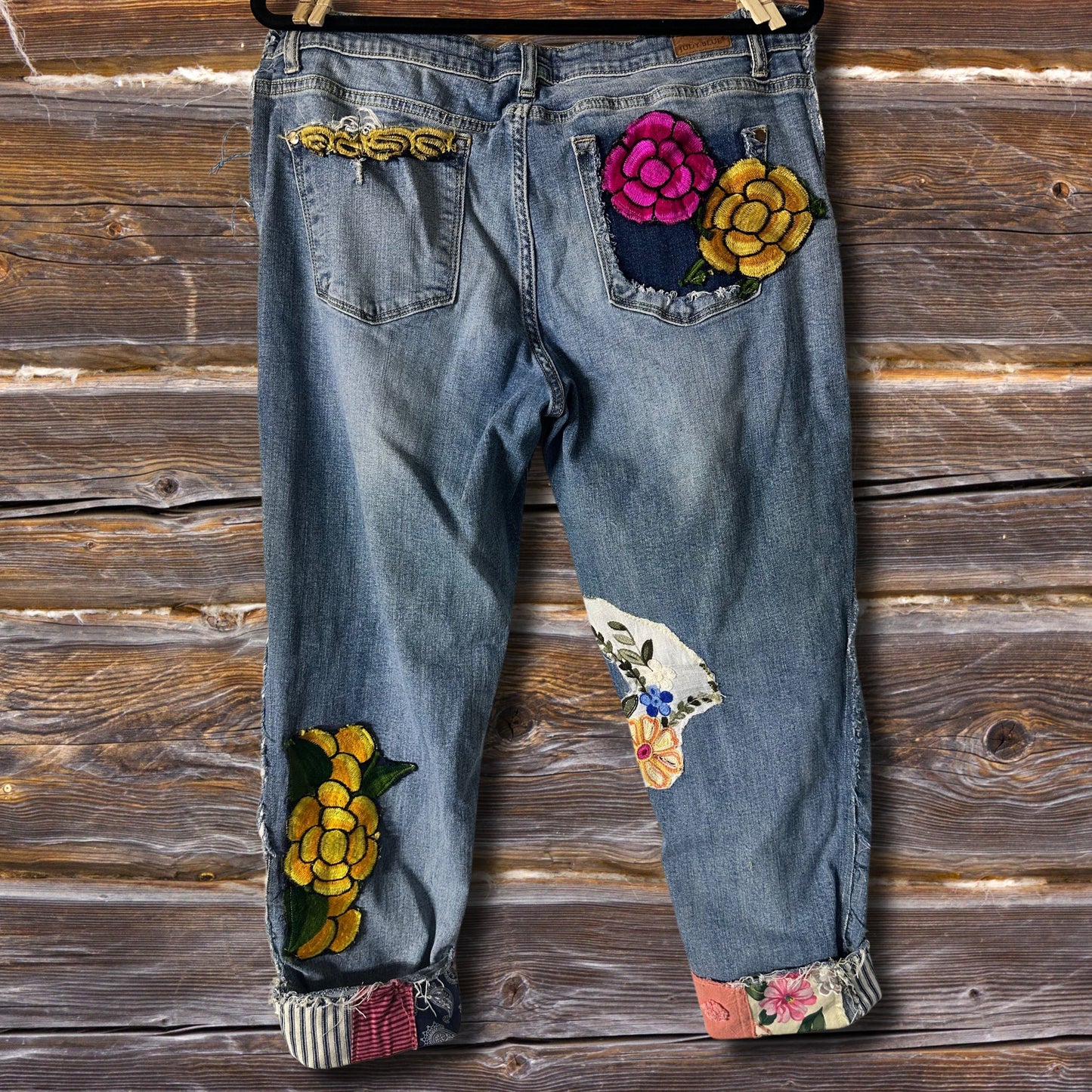 Flower Power-Hippie Boho Upcycled Patchwork Grunge Distressed Denim Boyfriend Jeans