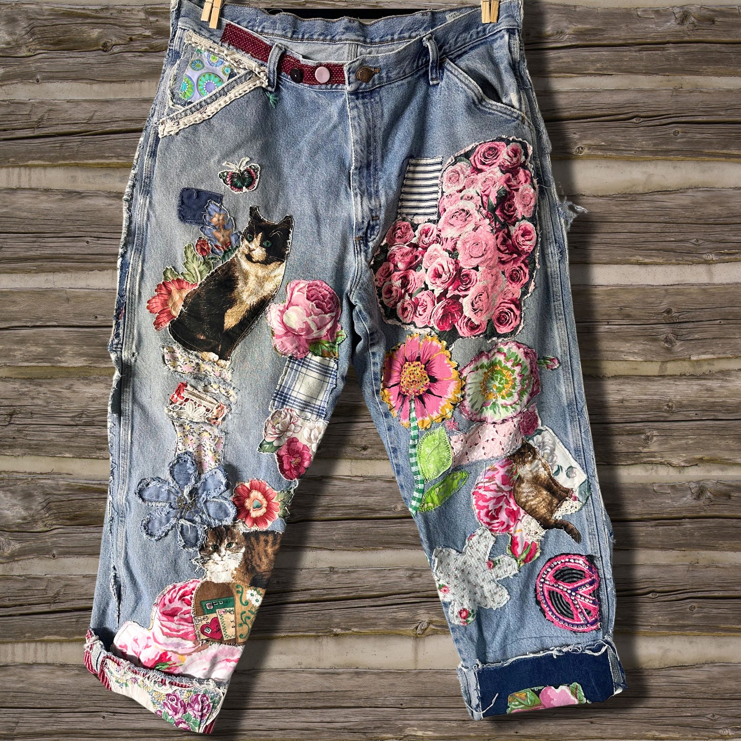 Here Kitty, Kitty Patchwork Upcycled Vintage Jeans-Adjustable Sizing, Distressed, Grunge Boyfriend Jeans