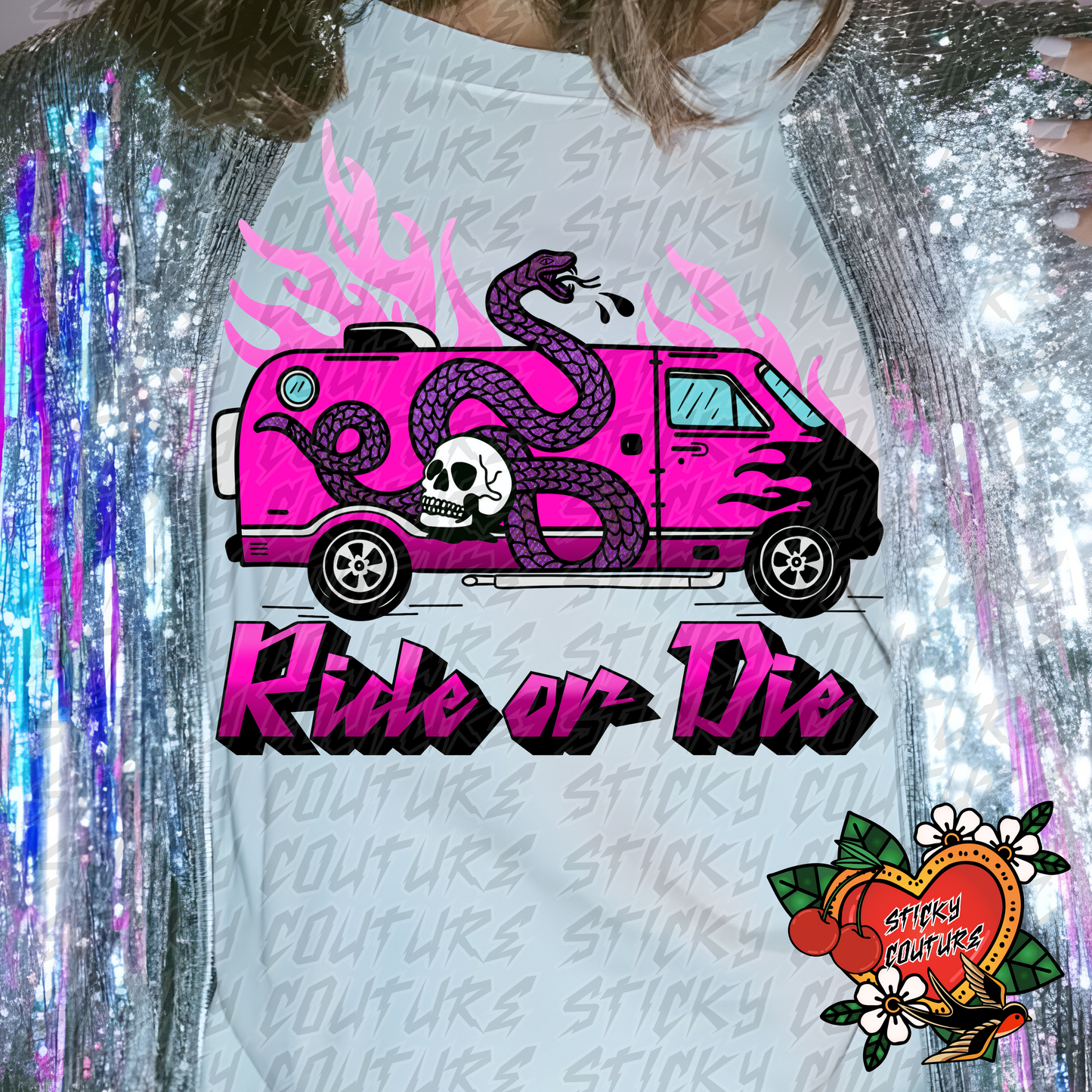 Ride or Die PNG Tattoo Style Traditional Flash Art Van Snake Skull Flames Western Retro Vintage Cowboy Cowgirl rock and roll tshirt design