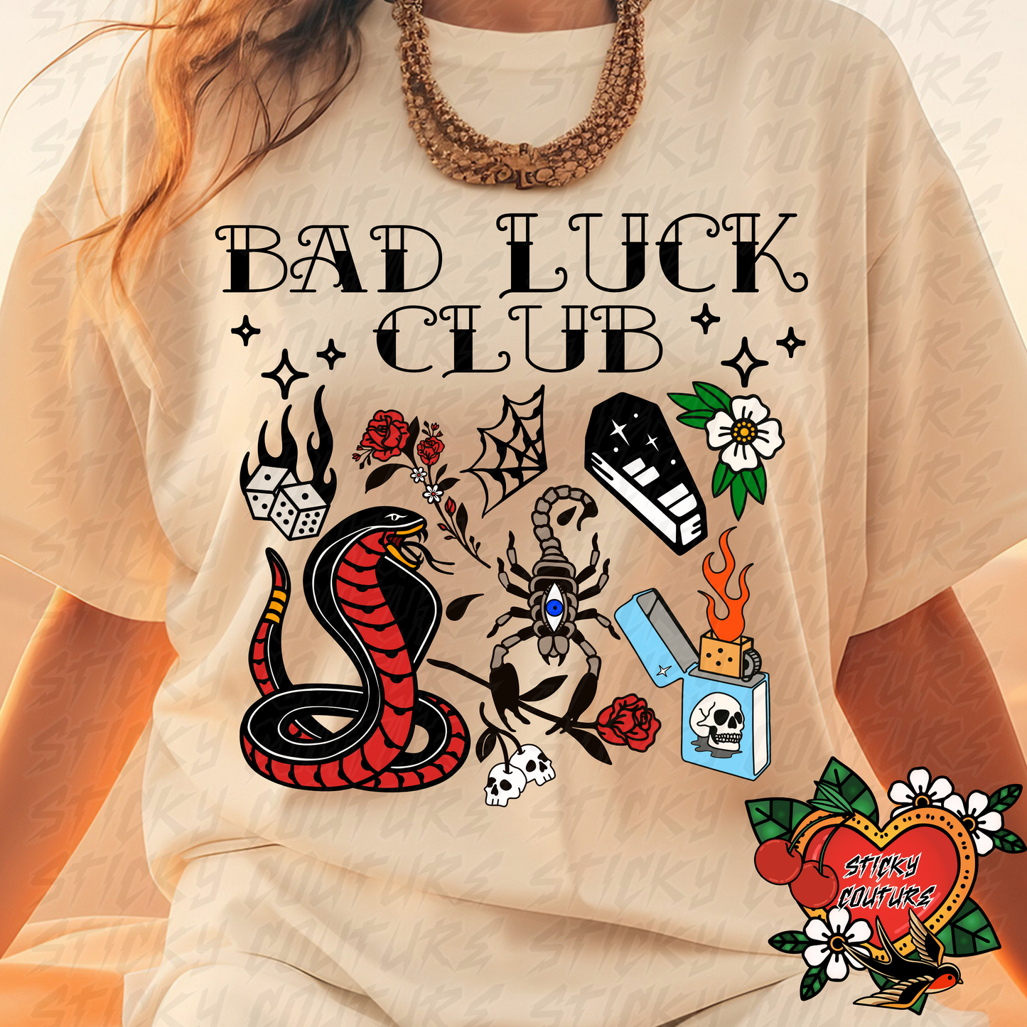 Bad Luck Club PNG Tattoo Style Traditional Flash Art Rad Rad Trad dark art Western Retro Vintage Cowboy Cowgirl rock and roll tshirt design