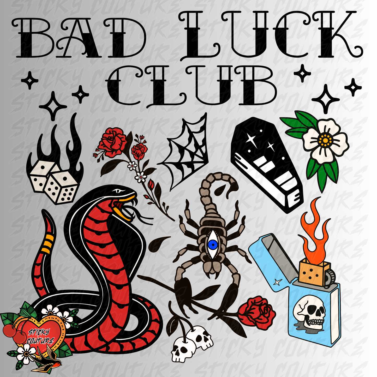 Bad Luck Club PNG Tattoo Style Traditional Flash Art Rad Rad Trad dark art Western Retro Vintage Cowboy Cowgirl rock and roll tshirt design