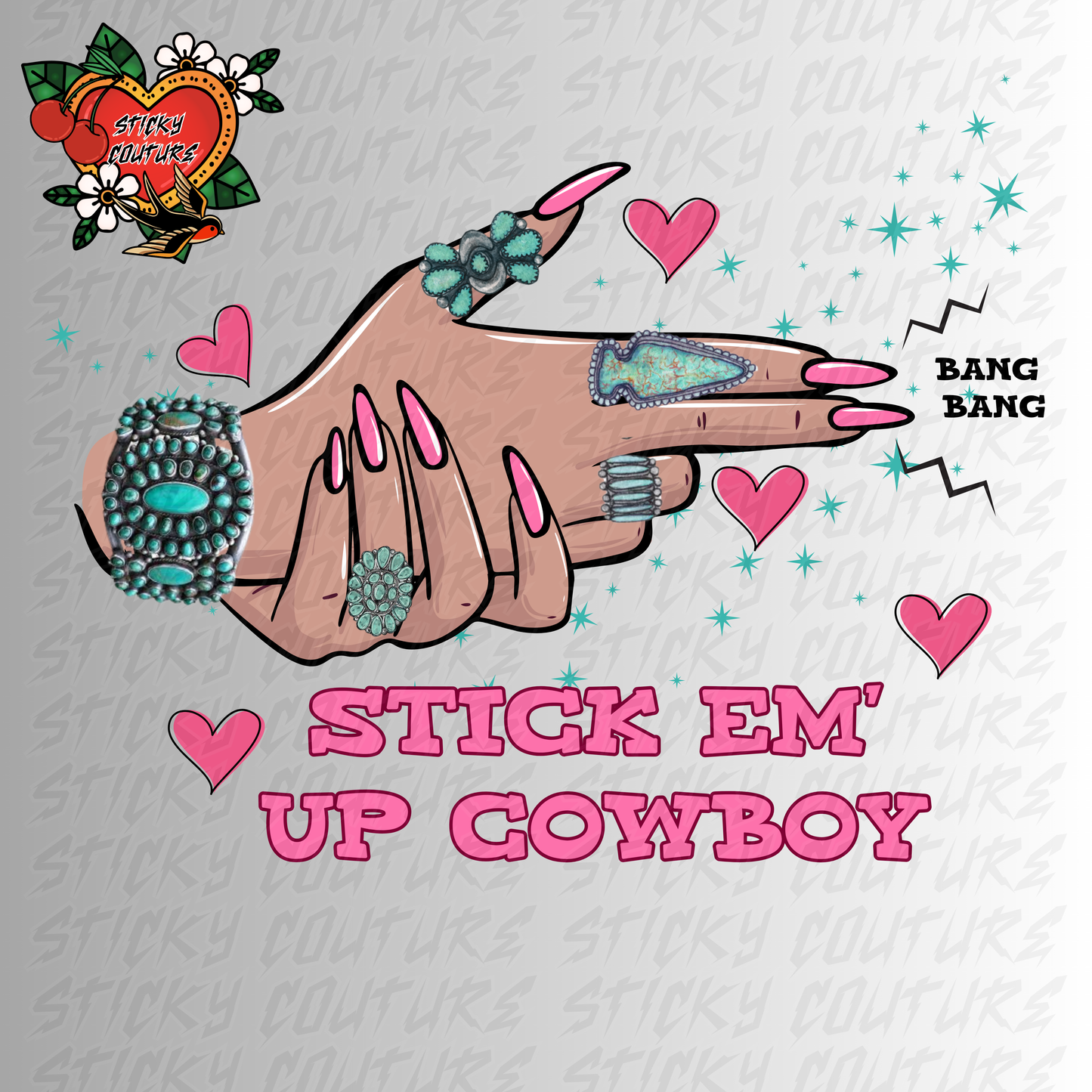 Stick Em Up Cowboy PNG Finger Guns Turquoise Jewelry Sassy cowgirl honky tonk wild west Western Retro Cowgirl rock and roll tshirt Design