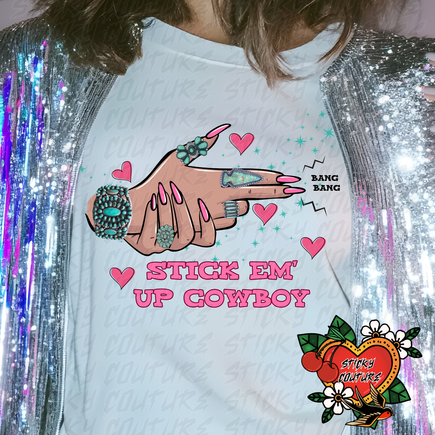 Stick Em Up Cowboy PNG Finger Guns Turquoise Jewelry Sassy cowgirl honky tonk wild west Western Retro Cowgirl rock and roll tshirt Design