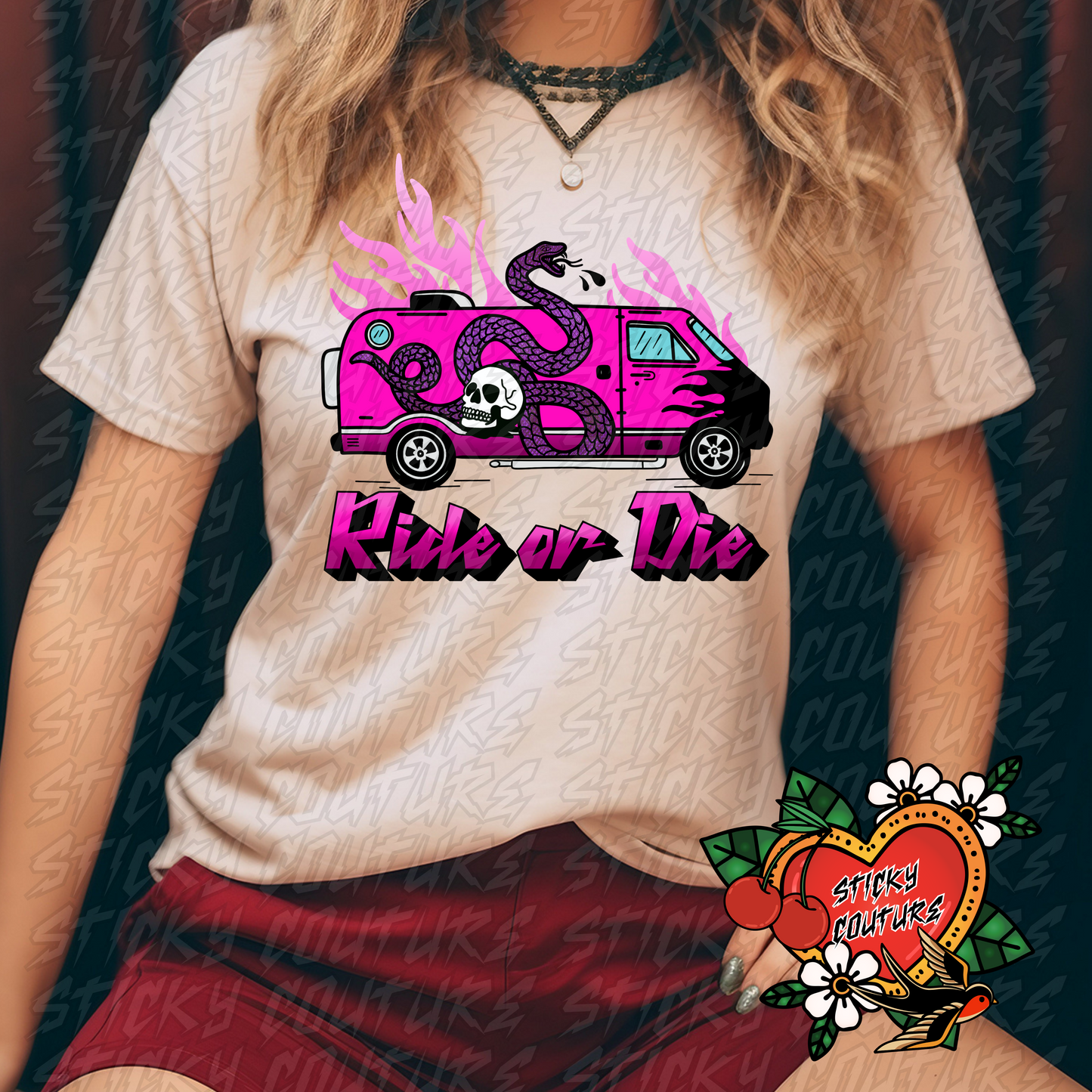 Ride or Die PNG Tattoo Style Traditional Flash Art Van Snake Skull Flames Western Retro Vintage Cowboy Cowgirl rock and roll tshirt design