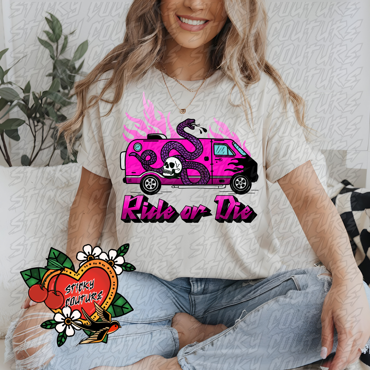 Ride or Die PNG Tattoo Style Traditional Flash Art Van Snake Skull Flames Western Retro Vintage Cowboy Cowgirl rock and roll tshirt design