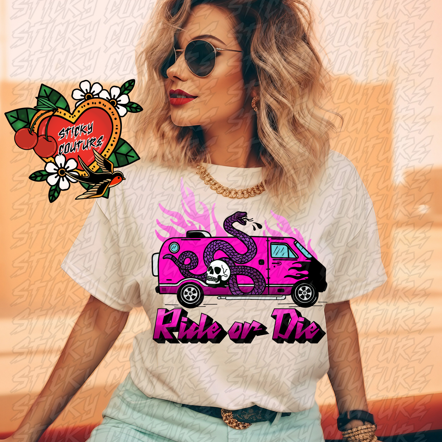 Ride or Die PNG Tattoo Style Traditional Flash Art Van Snake Skull Flames Western Retro Vintage Cowboy Cowgirl rock and roll tshirt design