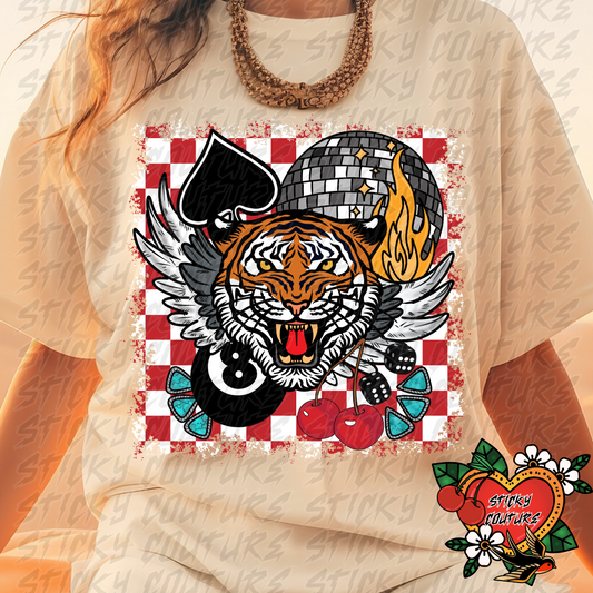 Tiger Disco Ball Vintage Retro PNG Vintage Western Style 8 ball with tiger dice and cherries yallternative Cowgirl rock and roll collage