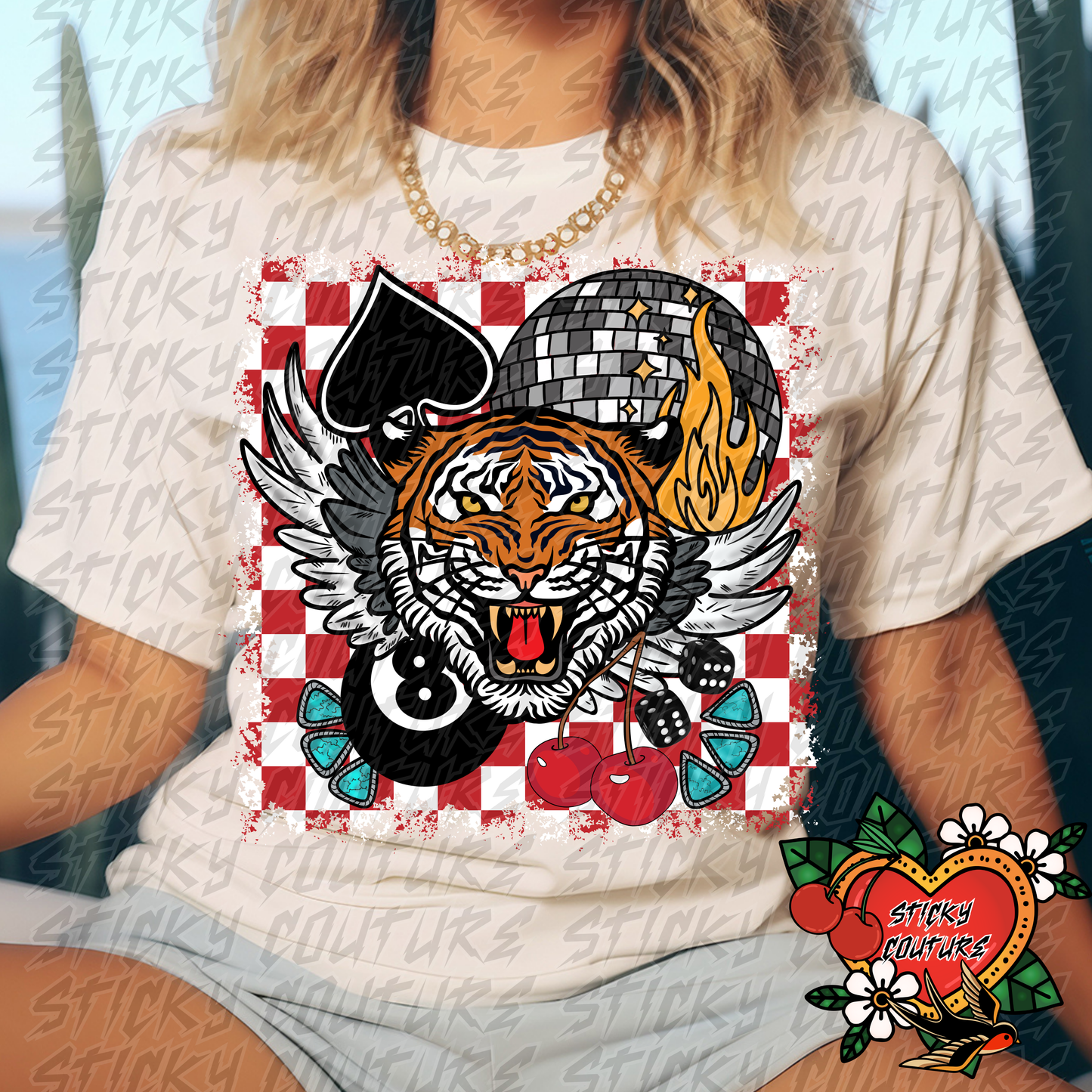 Tiger Disco Ball Vintage Retro PNG Vintage Western Style 8 ball with tiger dice and cherries yallternative Cowgirl rock and roll collage