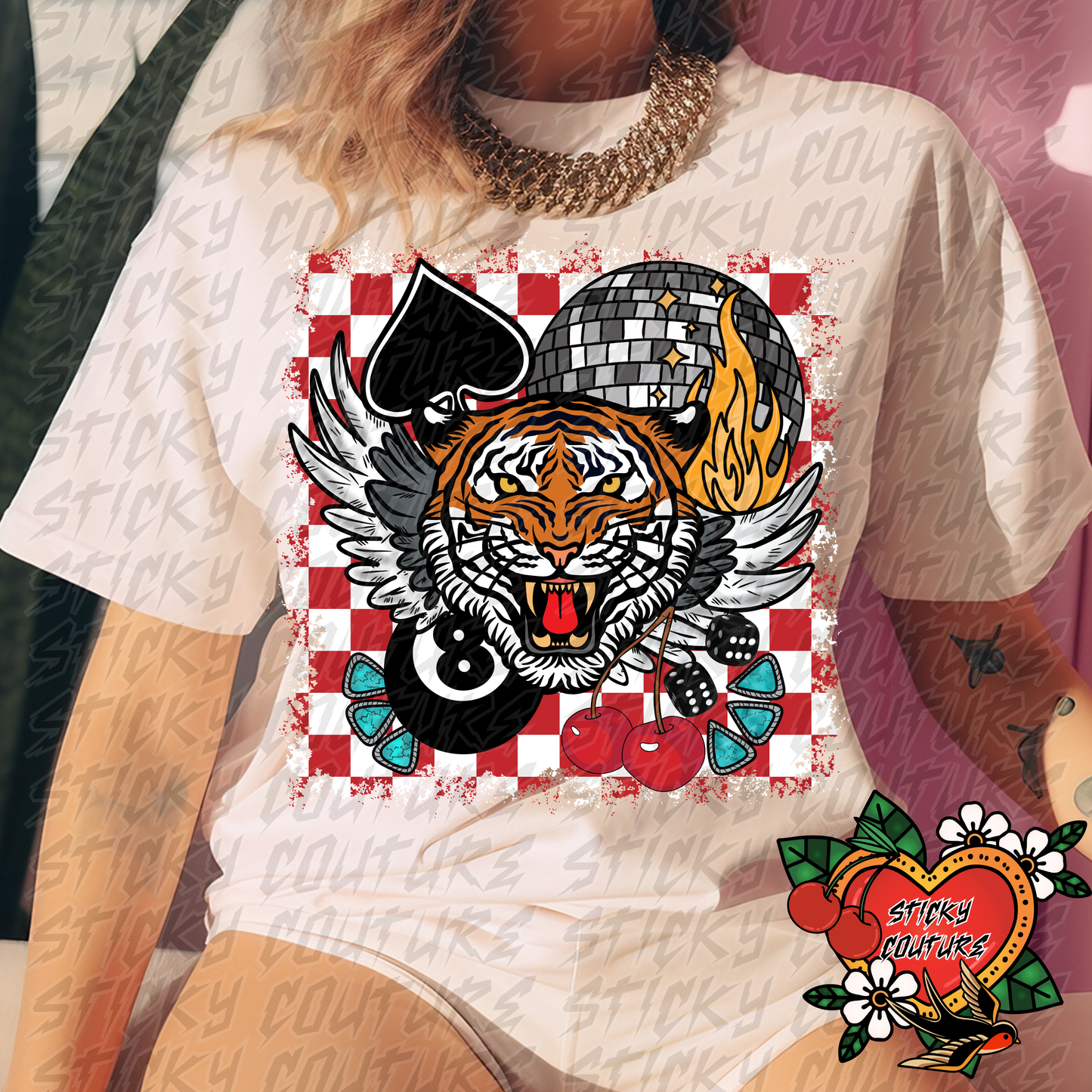 Tiger Disco Ball Vintage Retro PNG Vintage Western Style 8 ball with tiger dice and cherries yallternative Cowgirl rock and roll collage