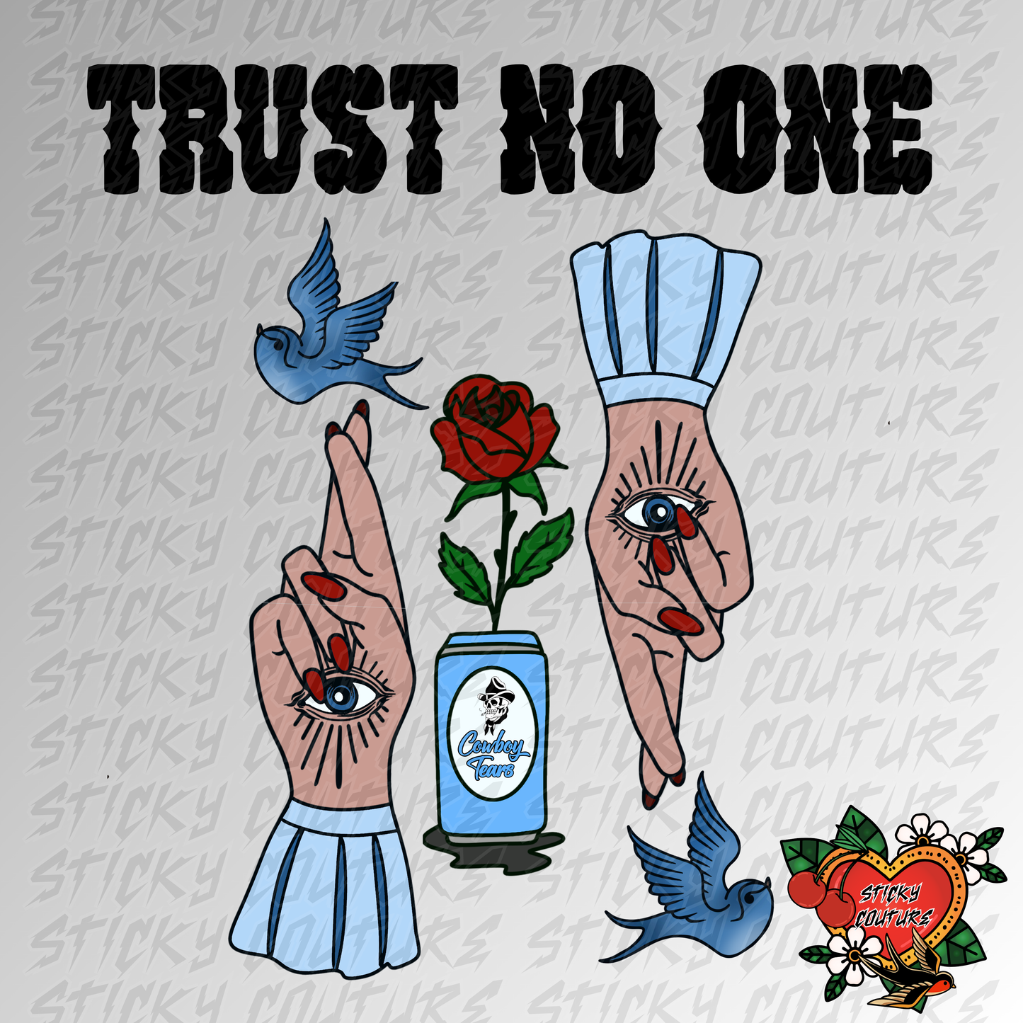 Trust No One PNG Tattoo Style Traditional Flash Art cowboy tears Western Retro Vintage Cowboy Cowgirl rock and roll tshirt design