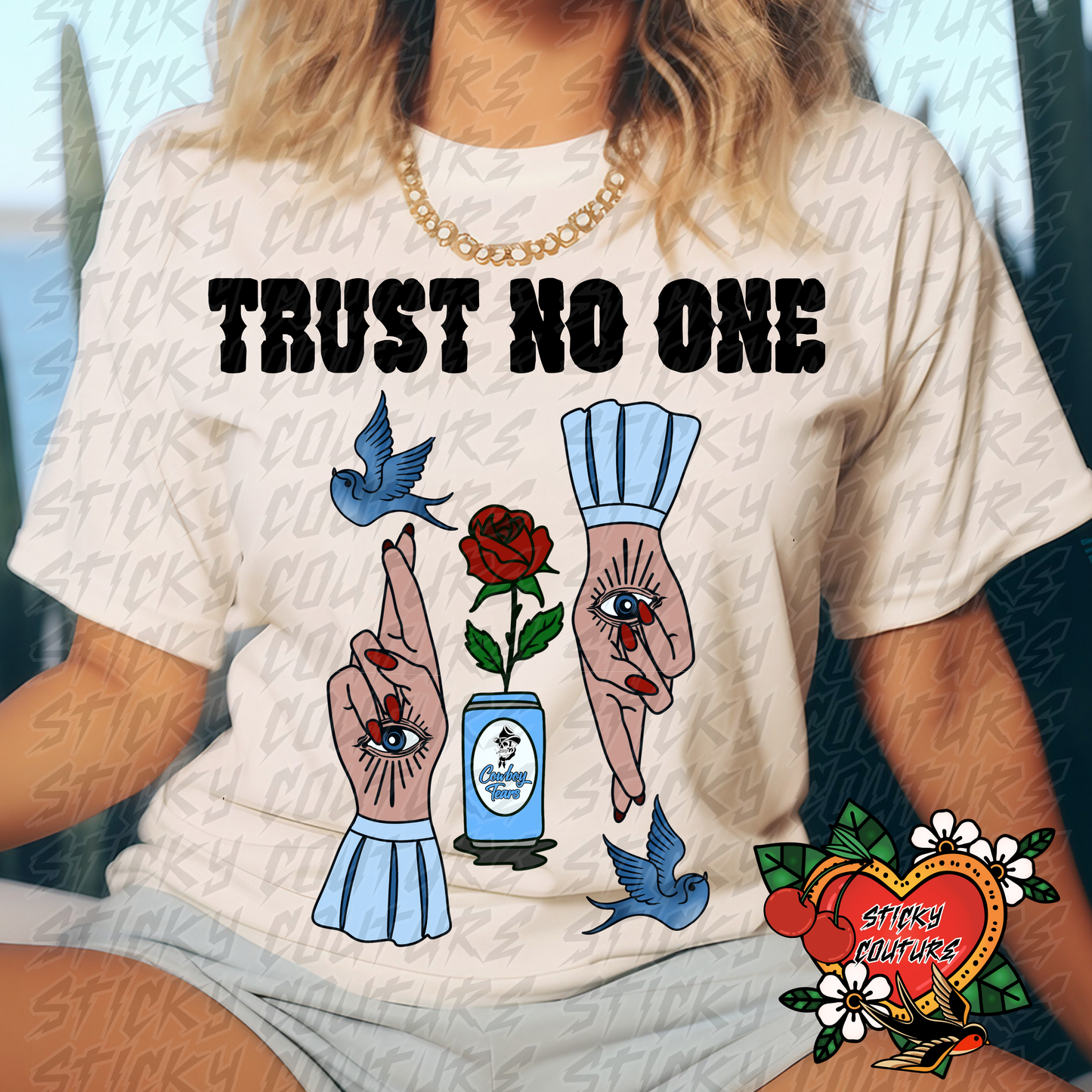 Trust No One PNG Tattoo Style Traditional Flash Art cowboy tears Western Retro Vintage Cowboy Cowgirl rock and roll tshirt design