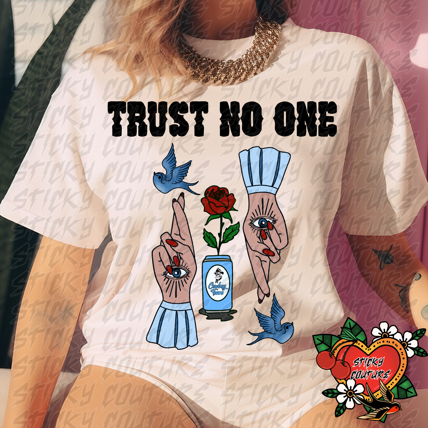 Trust No One PNG Tattoo Style Traditional Flash Art cowboy tears Western Retro Vintage Cowboy Cowgirl rock and roll tshirt design