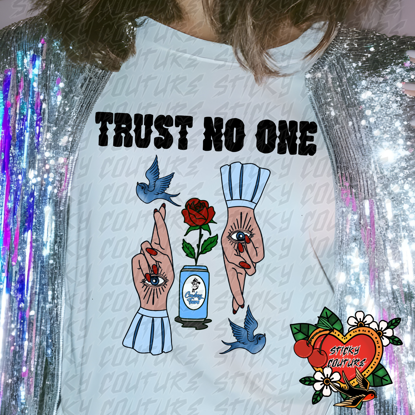 Trust No One PNG Tattoo Style Traditional Flash Art cowboy tears Western Retro Vintage Cowboy Cowgirl rock and roll tshirt design