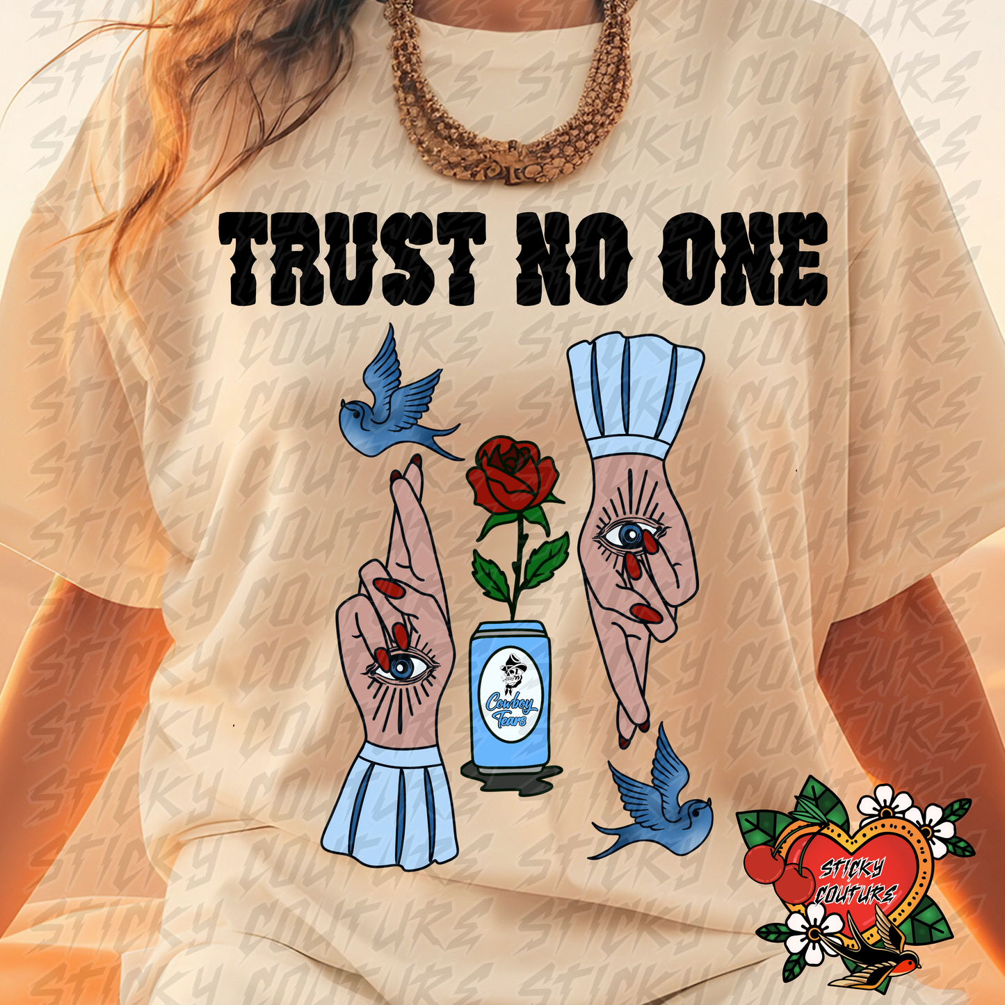 Trust No One PNG Tattoo Style Traditional Flash Art cowboy tears Western Retro Vintage Cowboy Cowgirl rock and roll tshirt design