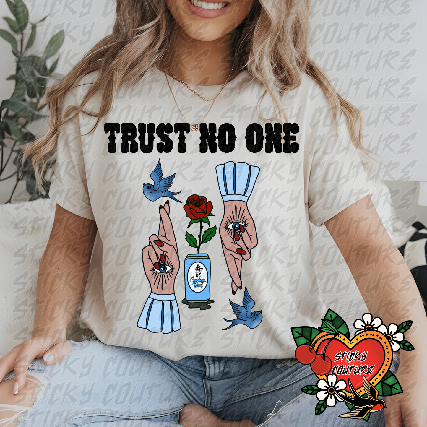 Trust No One PNG Tattoo Style Traditional Flash Art cowboy tears Western Retro Vintage Cowboy Cowgirl rock and roll tshirt design