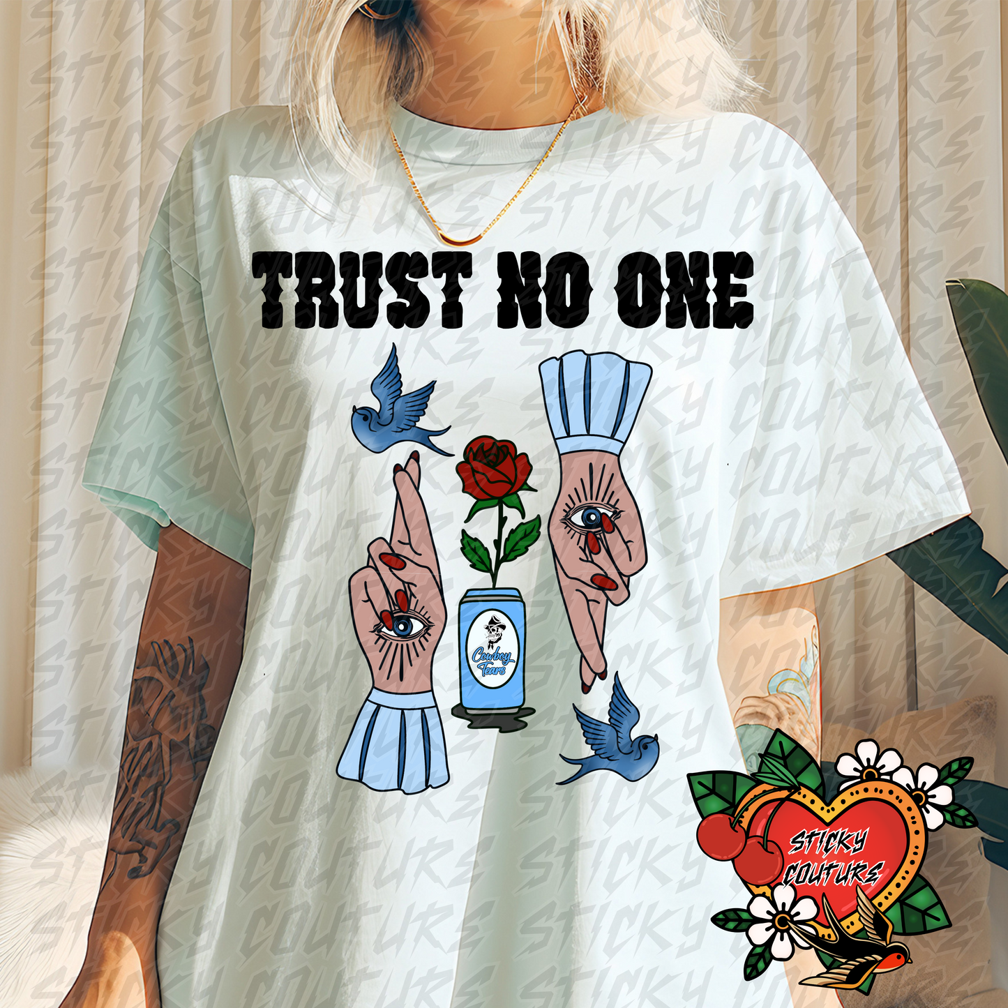 Trust No One PNG Tattoo Style Traditional Flash Art cowboy tears Western Retro Vintage Cowboy Cowgirl rock and roll tshirt design